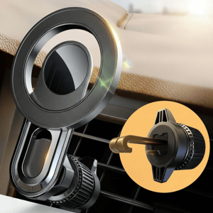 Magnetic car phone holder mounted on a vehicle's air vent with a round secure grip and adjustable clamp attachment, shown close-up with golden hook detail.