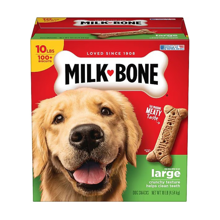Milk-Bone dog snacks box for large dogs over 50 lbs, featuring a Golden Retriever and highlighting a meaty taste and crunchy texture for dental health; net weight 10 lbs (4.54 kg).