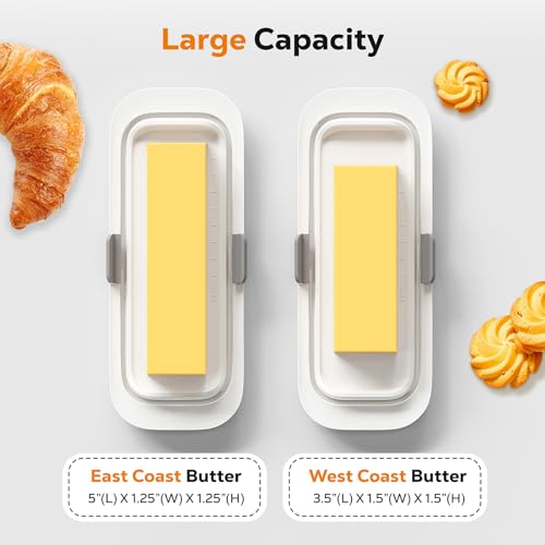 A comparison of butter sizes with a container showing East Coast (5\“ x 1.25\“ x 1.25\“) and West Coast (3.5\“ x 1.5\“ x 1.5\“) sticks. Croissant and pastry decorations are included.