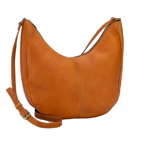 The Le Donne Half Moon Crossbody is a tan leather bag featuring a curved shape, single adjustable strap, and minimal stitching for a sleek look.