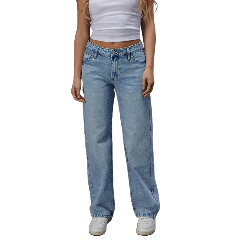 RSQ Women's Low Rise Loose Straight Jeans feature a light blue wash, classic five-pocket design, and a relaxed fit with a low-rise waist, paired with white sneakers and a white crop top.