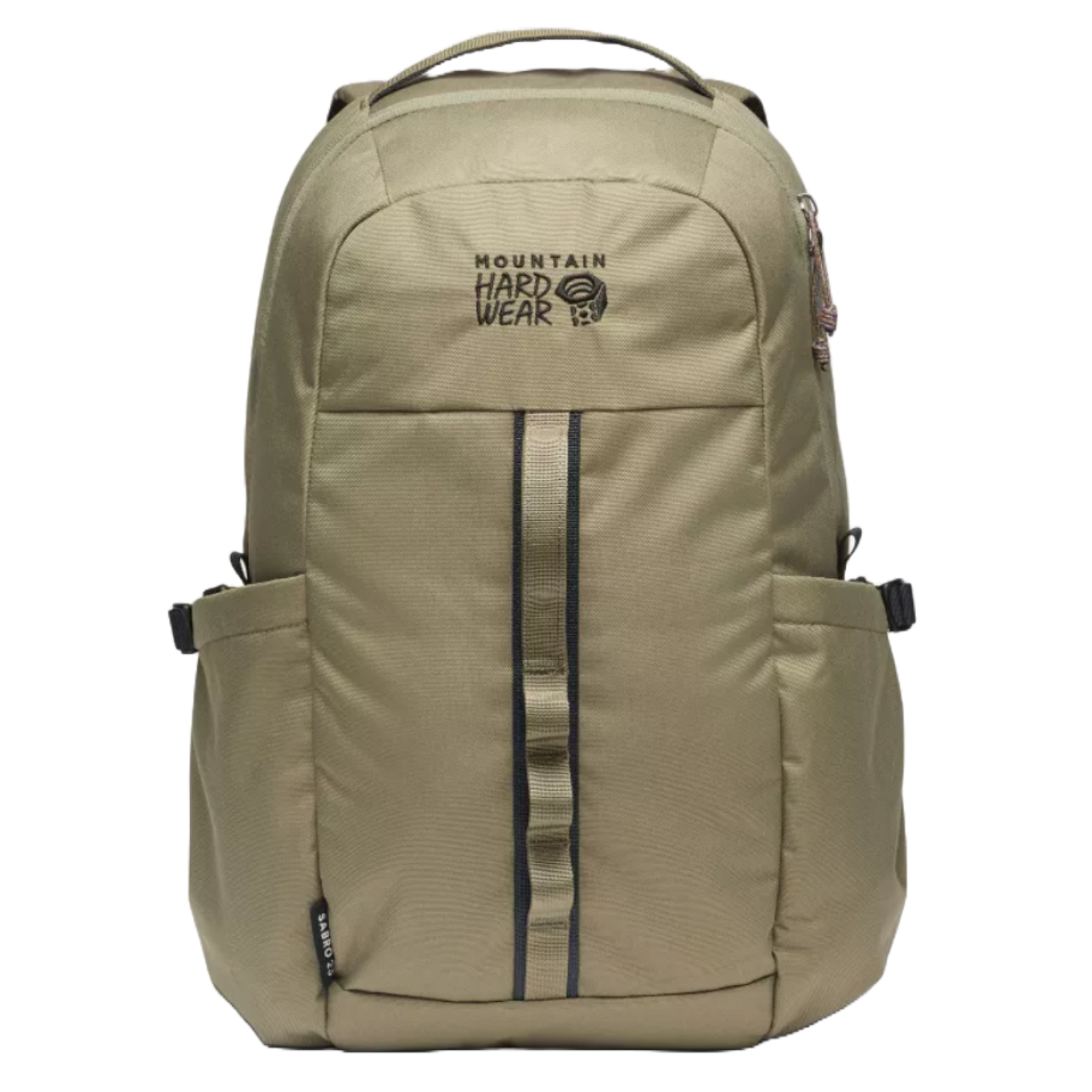 Olive green backpack with vertical striped detail, featuring the Mountain Hardwear logo, multiple compartments, and adjustable straps.