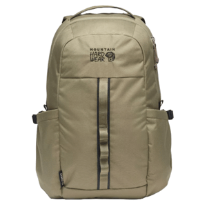 Olive green backpack with vertical striped detail, featuring the Mountain Hardwear logo, multiple compartments, and adjustable straps.