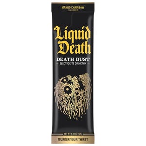 Liquid Death Death Dust Electrolyte Drink Mix, Mango Chainsaw flavored, in a 12g sachet. The packaging is black with gold text, featuring a graphic of a skull.