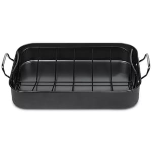 A black nonstick rectangular roasting pan with a removable rack and two handles on the sides for easy lifting.