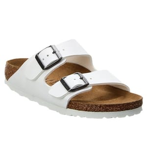 White sandal with two adjustable straps and buckles, featuring a cork footbed and a white sole.