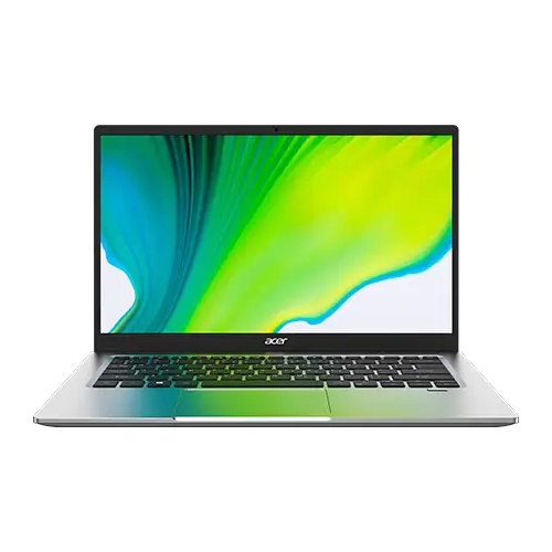 Acer Swift 1 is a slim, lightweight laptop with a 14-inch display, featuring a sleek silver design and a compact keyboard layout.