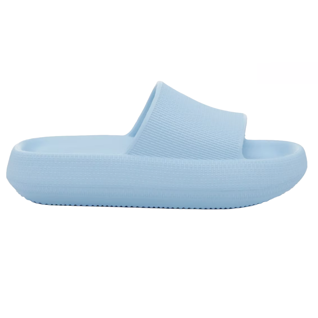 Light blue slide sandals with a thick, molded sole and a wide, textured strap across the top.
