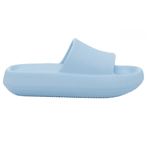 Light blue slide sandals with a thick, molded sole and a wide, textured strap across the top.