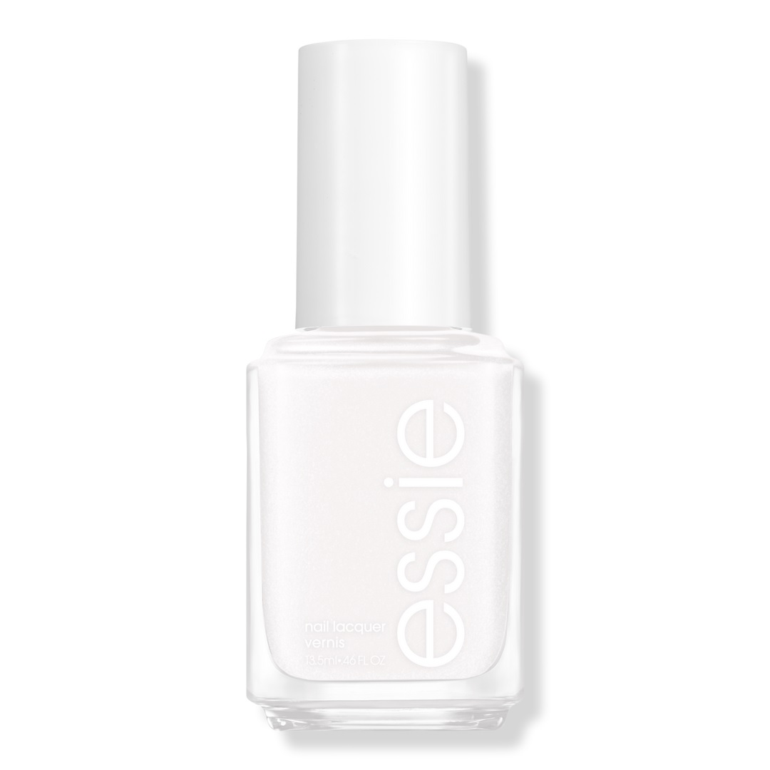 A bottle of Essie nail lacquer labeled as 13.5 ml/0.46 fl oz, featuring a white, pearl-like shade.