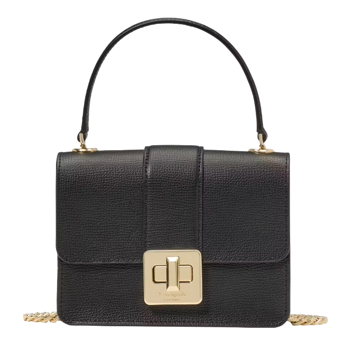 A black leather handbag with a top handle and gold hardware, featuring a turn-lock closure.