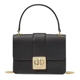 A black leather handbag with a top handle and gold hardware, featuring a turn-lock closure.