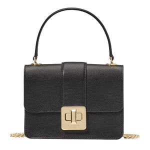 A black leather handbag with a top handle and gold hardware, featuring a turn-lock closure.