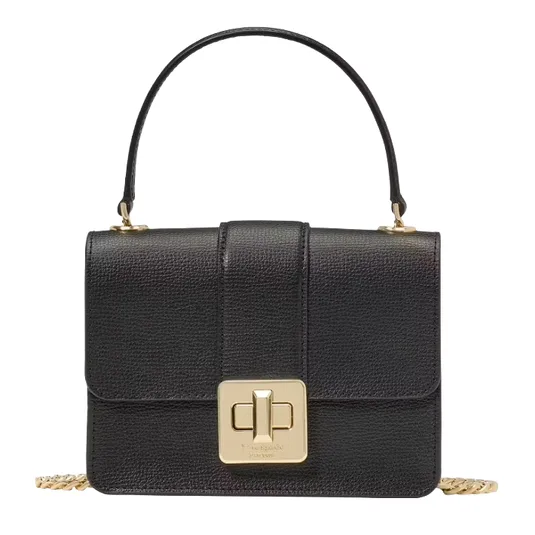 A black leather handbag with a top handle and gold hardware, featuring a turn-lock closure.