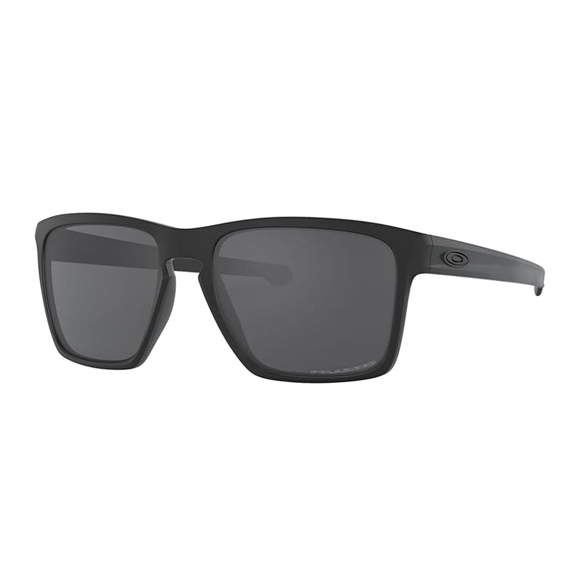Oakley Sliver Sunglasses feature a sleek, rectangular frame with black polarized lenses and a matte finish. The design includes a small logo on the temple, offering a stylish and functional eyewear option.