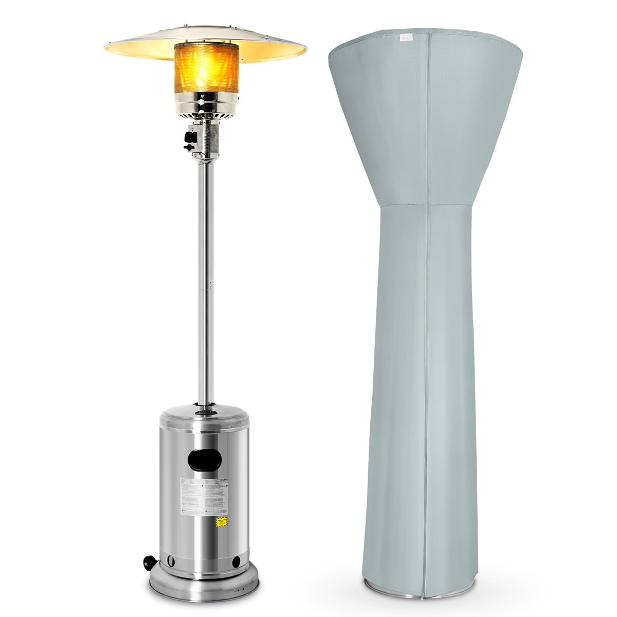 Outdoor patio heater with a cover. The heater has a stainless steel finish and emits a warm glow, while the cover is light gray, designed to protect it when not in use.