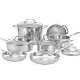 The 11-piece Cuisinart Cookware Set includes a large stockpot, two saucepans with lids, a sauté pan with a lid, two skillets, a steamer insert, and all have stainless steel construction with ergonomic handles and glass lids for easy monitoring while cooking.
