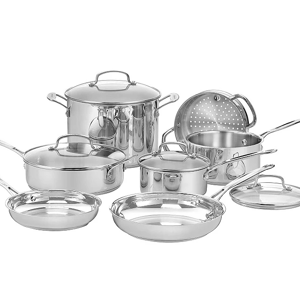 The 11-piece Cuisinart Cookware Set includes a large stockpot, two saucepans with lids, a sauté pan with a lid, two skillets, a steamer insert, and all have stainless steel construction with ergonomic handles and glass lids for easy monitoring while cooking.