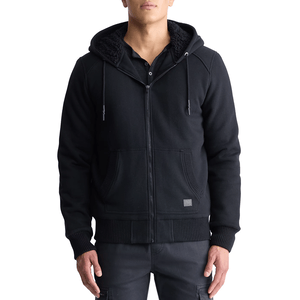 A black hooded jacket from Buffalo David Bitton, featuring a zip-up front, drawstring hood, and two front pockets. The jacket has a soft interior lining for added warmth and ribbed cuffs and hem.