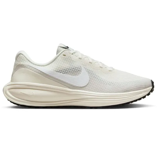 White Nike running shoe with a mesh upper and prominent swoosh logo, featuring a cushioned sole and black tread for grip.