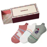 A box set of Bombas socks featuring three pairs in different colors with playful animal designs. The box has a colorful geometric pattern.