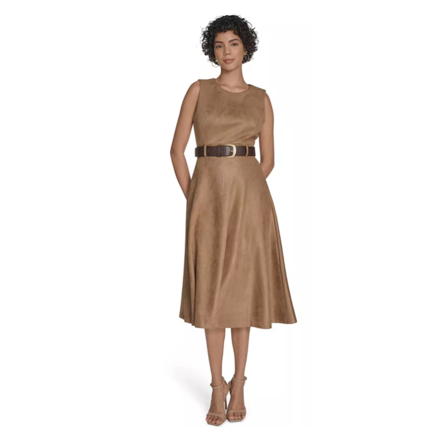 Sleeveless brown midi dress with an A-line silhouette, featuring a dark brown belt and paired with tan strappy heels.
