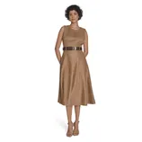 Sleeveless brown midi dress with an A-line silhouette, featuring a dark brown belt and paired with tan strappy heels.