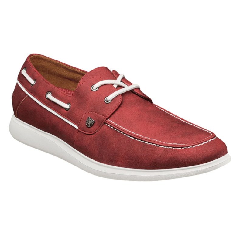 Red boat shoe with white laces and stitching, featuring metal eyelets and a white sole.