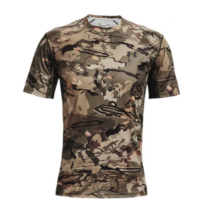 A short-sleeved camouflage t-shirt with a crew neck, designed for cooling and moisture-wicking, made by Under Armour.
