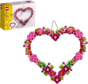 Heart-shaped LEGO set with floral decorations, featuring 254 pieces and suitable for ages 9+. Comes with a customizable assembly for creative building and display.