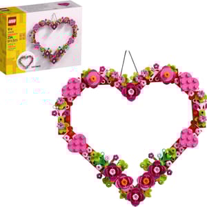 Heart-shaped LEGO set with floral decorations, featuring 254 pieces and suitable for ages 9+. Comes with a customizable assembly for creative building and display.