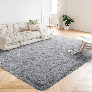 A plush gray area rug is laid out in a living room with a cream sofa, a small side table, and a houseplant in the background.