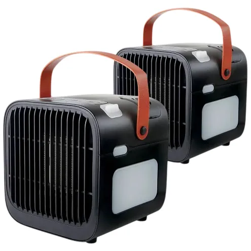 Two portable air coolers with black bodies, white vents, and brown carrying handles.