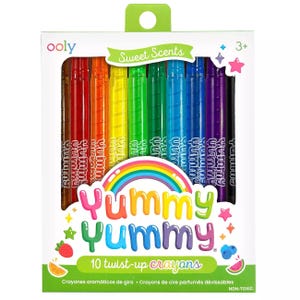 Ooly Sweet Scents 10 twist-up crayons, featuring a variety of colors with fruity aromas, suitable for ages 3 and up.
