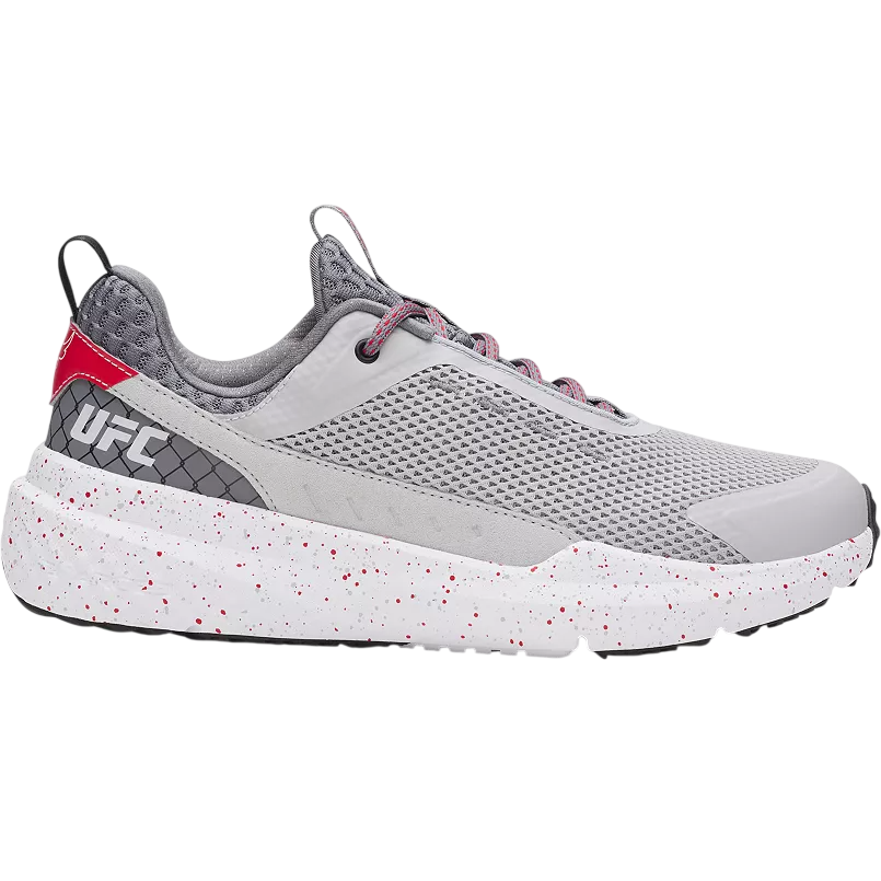 Gray UFC-branded sneaker with red accents, featuring a mesh upper, speckled white sole, and pull tab.