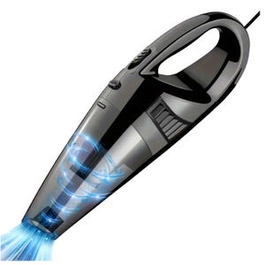 A handheld vacuum cleaner with a sleek black design and a visible blue swirl illustrating suction power.