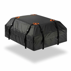 A black rooftop cargo bag with four securing straps and orange accents designed for vehicle load carrying. Suitable for additional storage on road trips or camping.