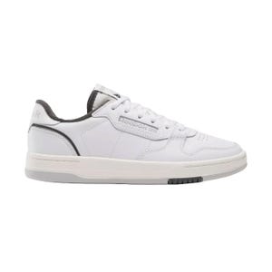 A white Reebok sneaker with black accents, featuring a low-top design, lace-up closure, and a textured sole.