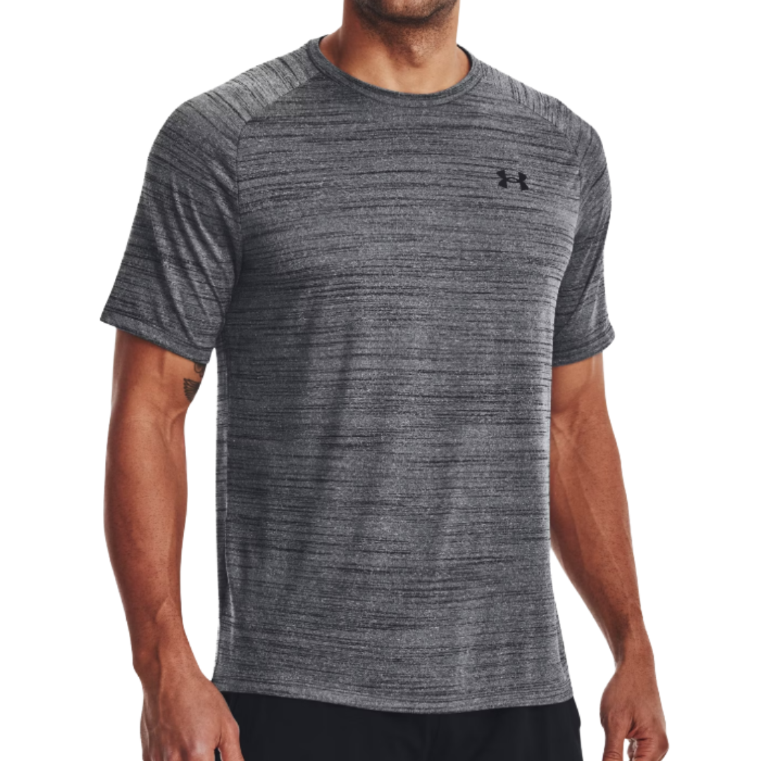 A short-sleeve heathered gray athletic t-shirt with a crew neck and a small black logo on the chest.