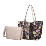 A floral-patterned tote bag with scalloped edges, accompanied by a plain beige crossbody bag with a strap.