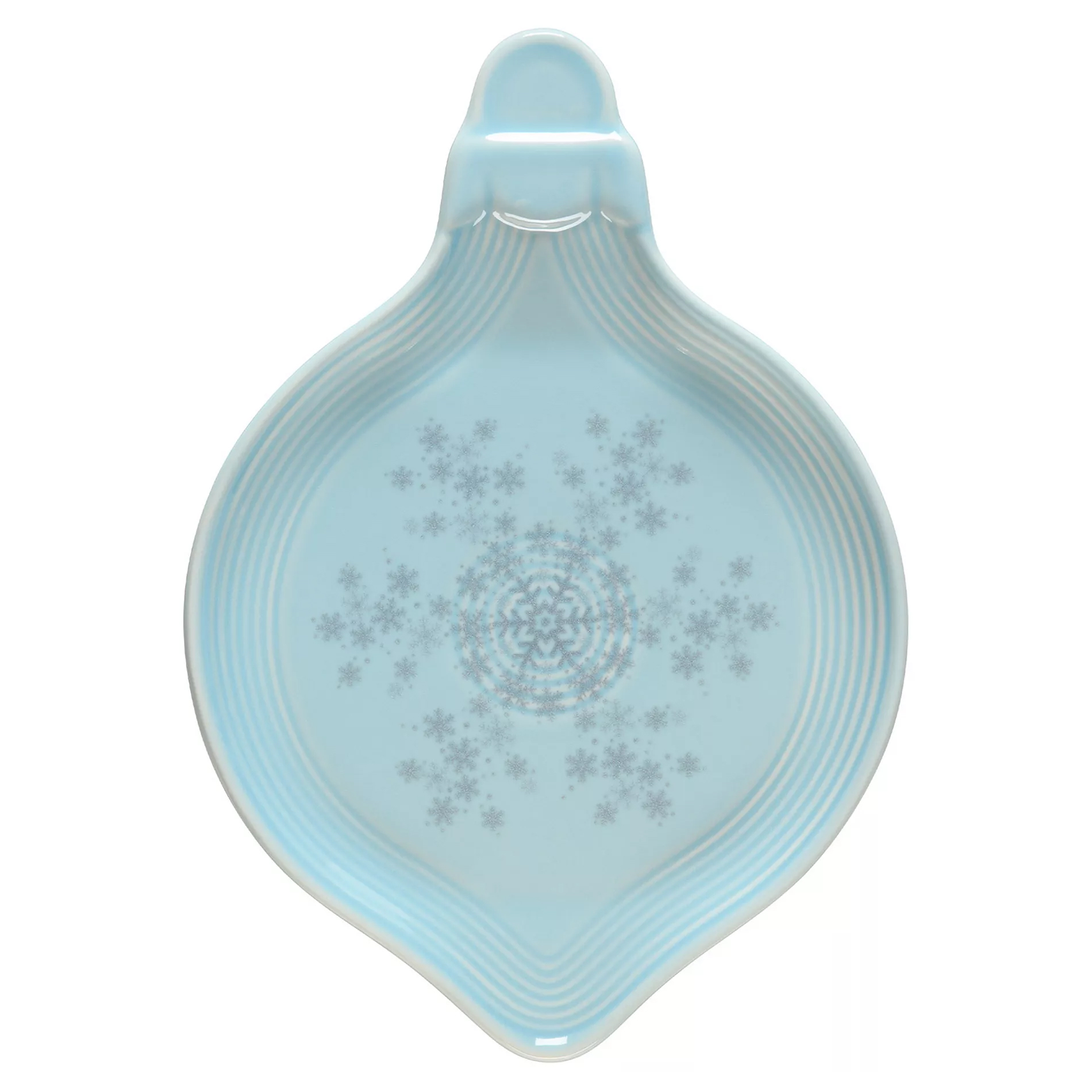 Light blue spoon rest with a snowflake pattern, featuring a round, shallow design and a handle.