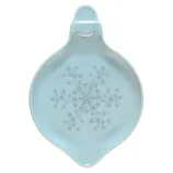 Light blue spoon rest with a snowflake pattern, featuring a round, shallow design and a handle.