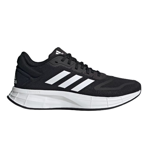 Black Adidas running shoe with white stripes and a white cushioned sole, featuring a sleek, breathable mesh design.