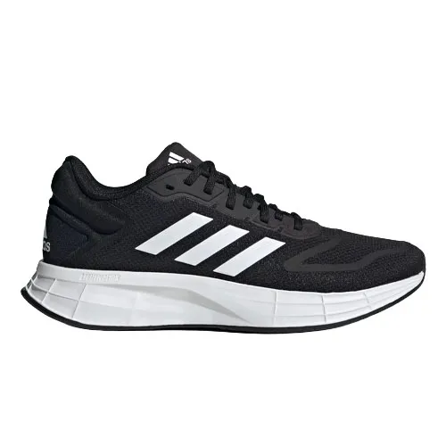 Black Adidas running shoe with white stripes and a white cushioned sole, featuring a sleek, breathable mesh design.