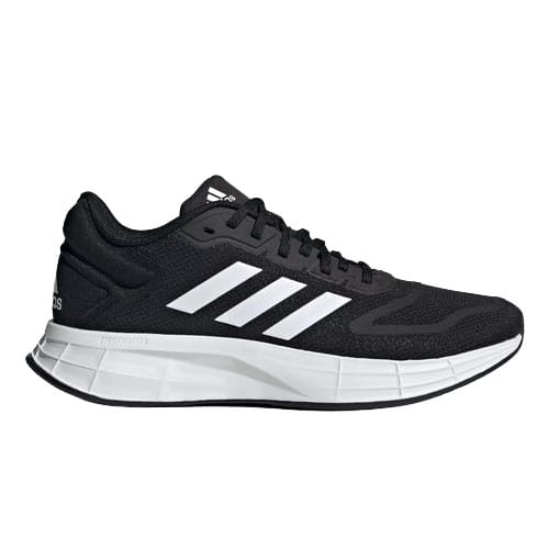 Black Adidas running shoe with white stripes and a white cushioned sole, featuring a sleek, breathable mesh design.