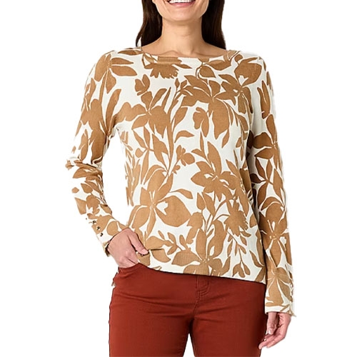 Liz Claiborne Floral Pullover Sweater features a cream base with a bold, brown botanical print. It has long sleeves and a comfortable fit, paired here with burnt orange pants.