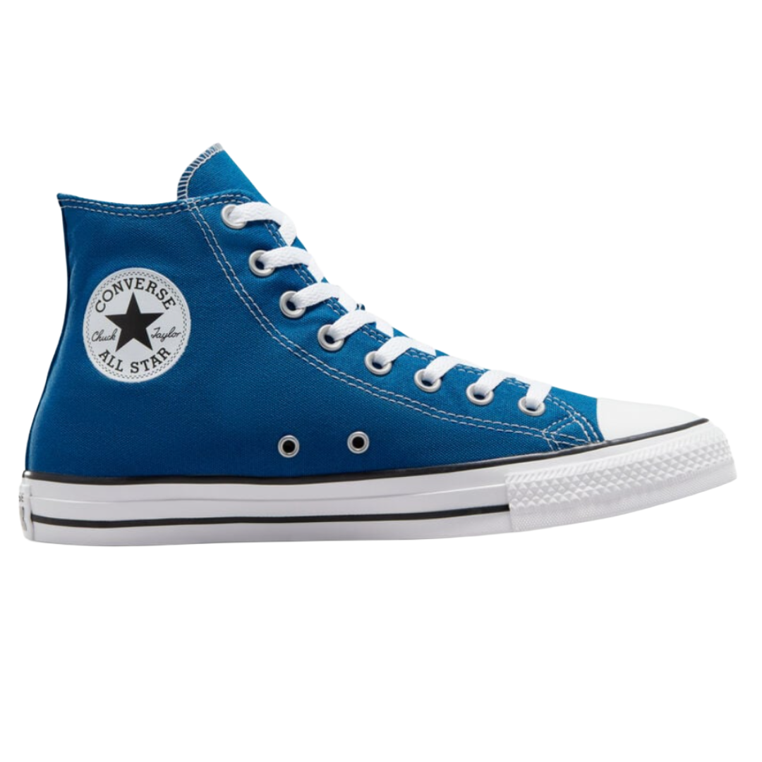 Blue Converse Chuck Taylor All Star high-top sneaker with white laces, rubber sole, and iconic circular logo on the ankle.