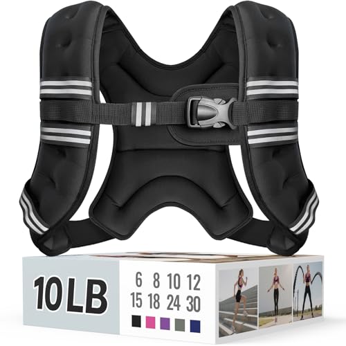A 10-pound weighted vest with adjustable straps and reflective detailing, shown on a box displaying different weight options and exercise illustrations.