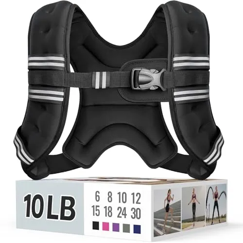 A 10-pound weighted vest with adjustable straps and reflective detailing, shown on a box displaying different weight options and exercise illustrations.
