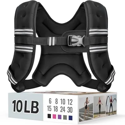 A 10-pound weighted vest with adjustable straps and reflective detailing, shown on a box displaying different weight options and exercise illustrations.